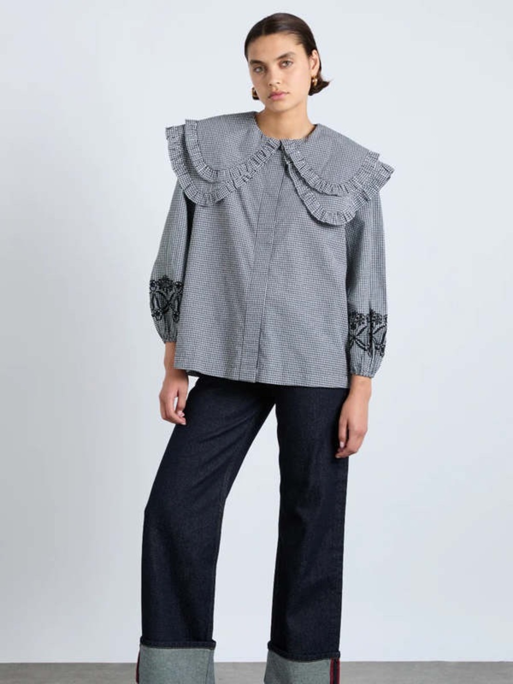 Damson Madder Black & White Gingham Ruffle Collar Blouse - US Size 6